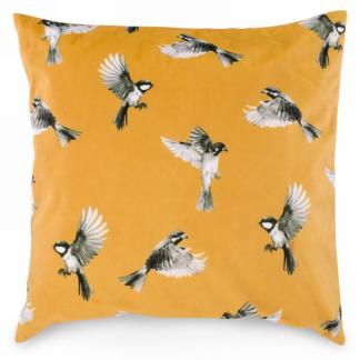 Coussin jaune avec oiseaux